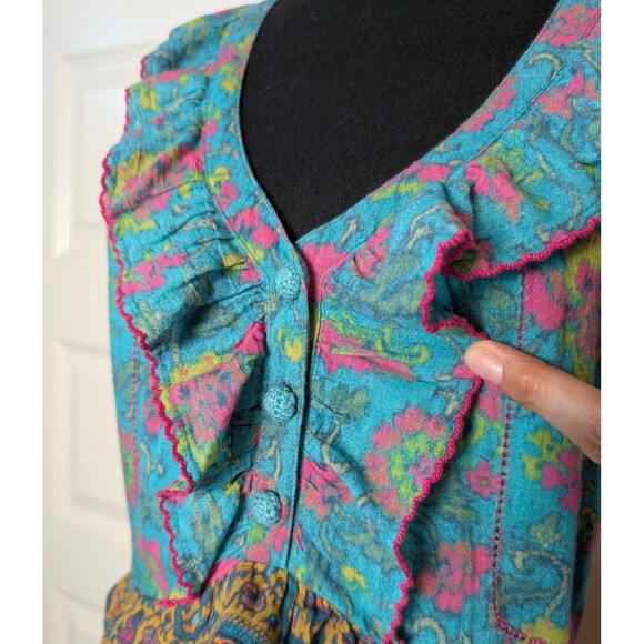 Sundance Size M Teal Floral Ruffle Tiered Midi Dress Cotton Boho Hippie Chic - Picture 4 of 12